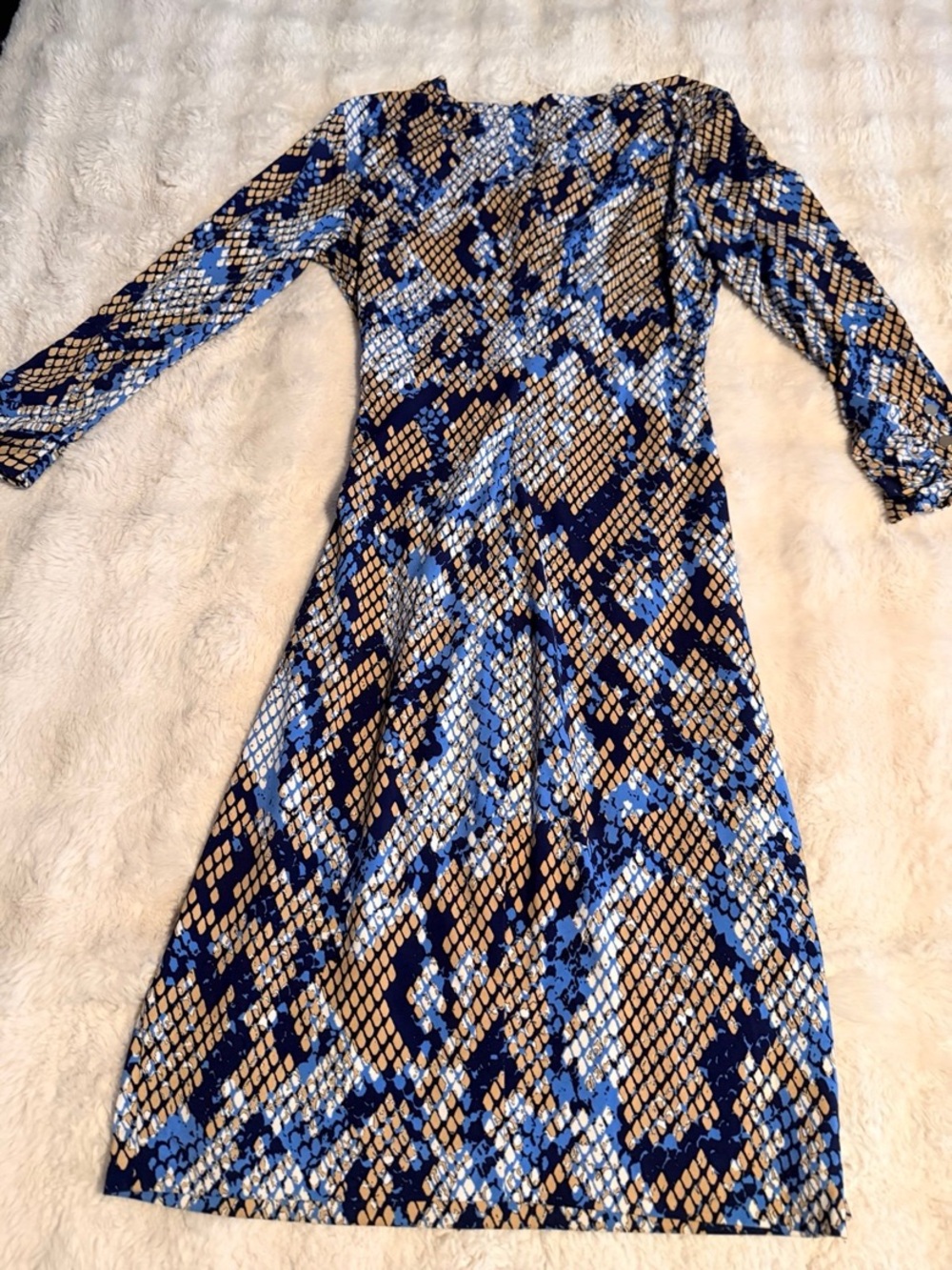 Cache Blue and Tan Snake-Print Long Sleeve Midi Dress